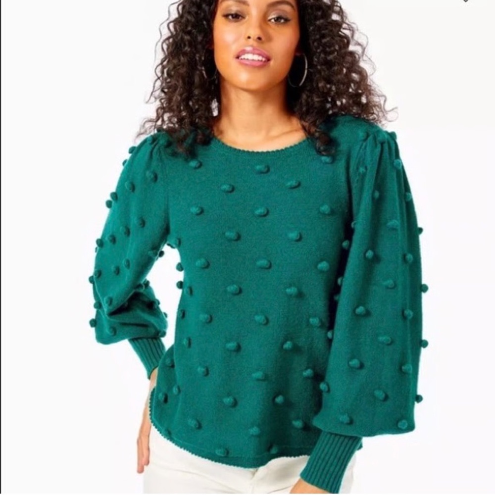 Lilly Pulitzer Kippa Puff Blouson Sleeve Pom Pom Sweater in “Spruce Green”